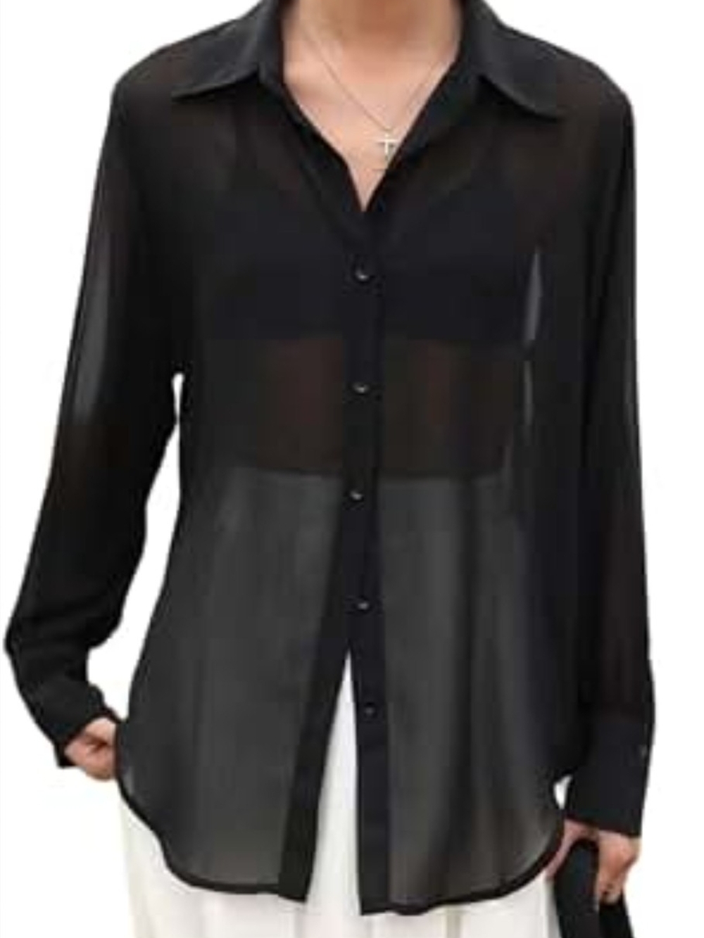 Guess Black Sheer Button-Down Blouse - Long Sleeve